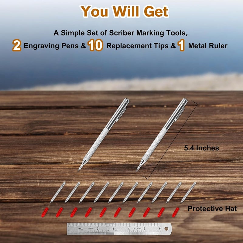 Ofasixx 2 Pack Tungsten Carbide Tip Scriber Tool with 10 Refills 1 Ruler, Metal Scribe Scriber Marking Tools with Magnet, Premium Etching Engraving Pen for Metal Sheet/Glass/Wood/Leather - Image 5